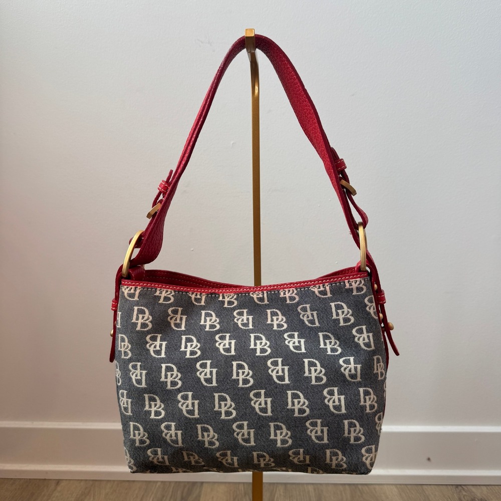 Dooney & Bourke Y2K Monogram Denim Red Leather Trim Shoulder Bag Gold Hardware